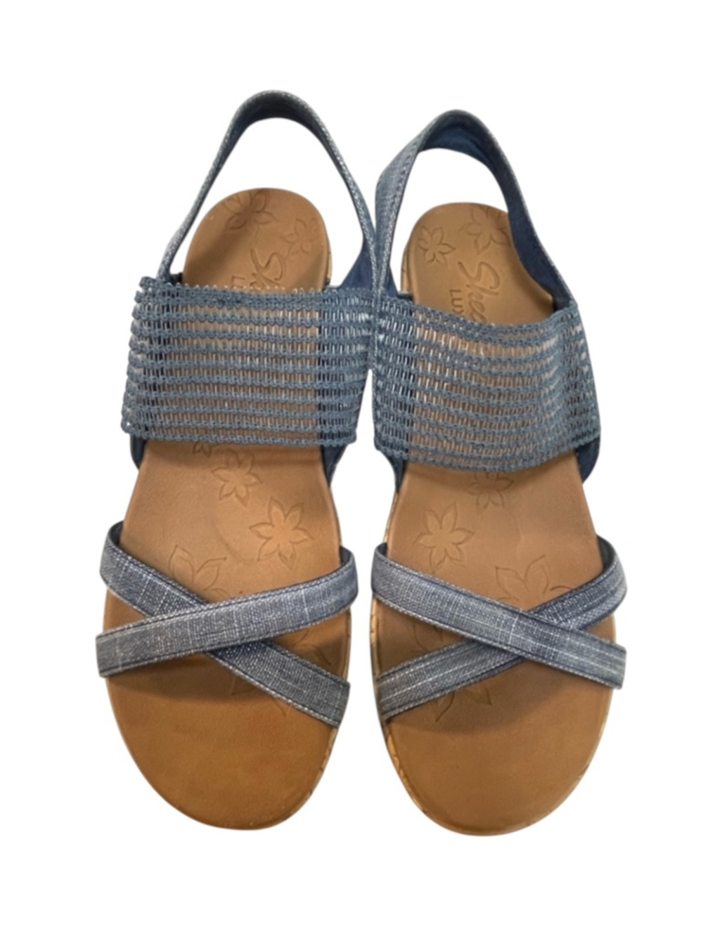 Skechers Cali Luxe Foam Blue Navy Elastic S Sandals Faux Cork Wedge Size 8 GUC